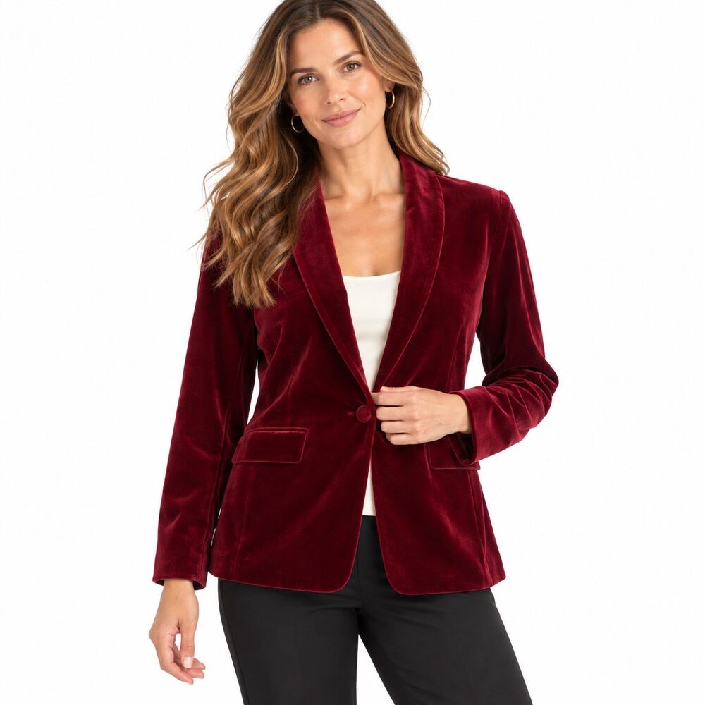 INC International Concepts Burgundy Velvet Blazer PM Petite One Button Jacket